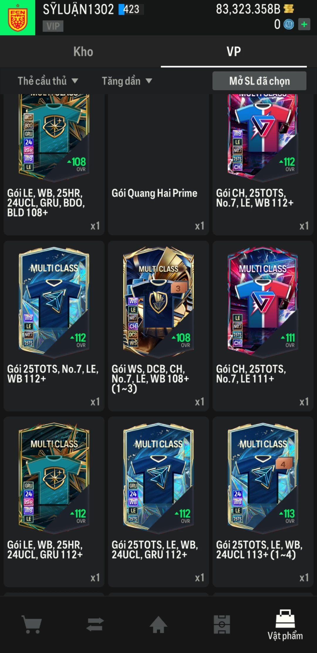 Ảnh ACC mở thẻ (LOẠI SVIP PROMAX) bao gồm có 01 thẻ +12, 03 thẻ PRIME (QH+, CP+, XS+) và hơn 1600+ đến 3500+ thẻ cầu thủ từ Siêu sao đến Miền núi các loại. Acc có sẵn BP trắng từ 55.000 tỷ BP đến 90.000 tỷ BP